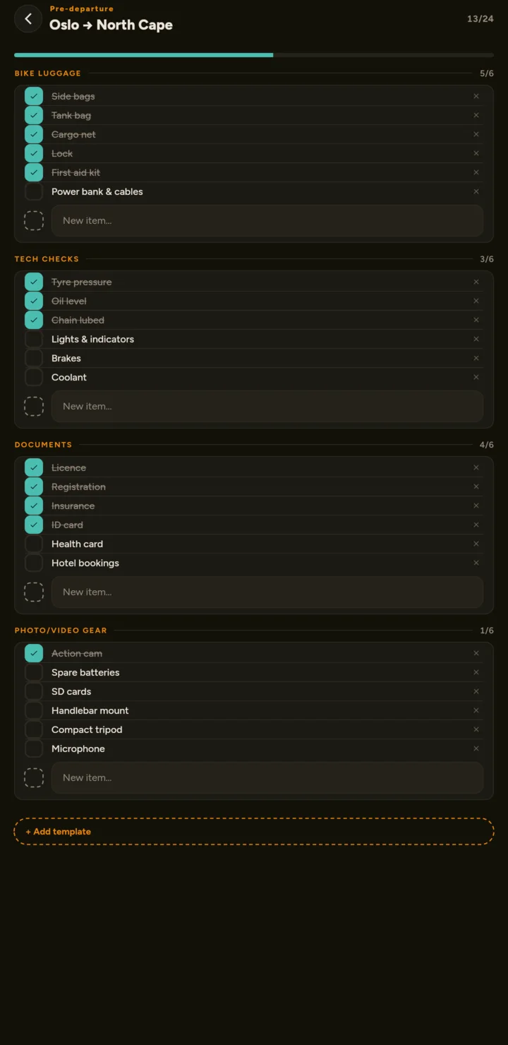 Pre-departure checklist with grouped items and progress
